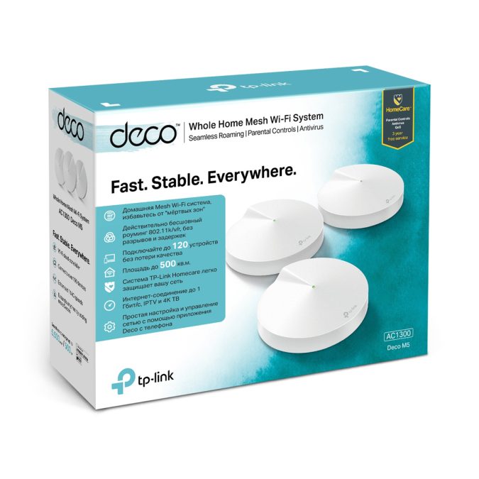 Маршрутизатор, TP-Link, Deco M5 (2-pack), Wi-Fi 5, 802.11a/b/g/n/ac, 2,4 ГГц/5 ГГц, AC1300, 2 порта 10/100/1000M WAN/LAN, 2 модуля в комплекте