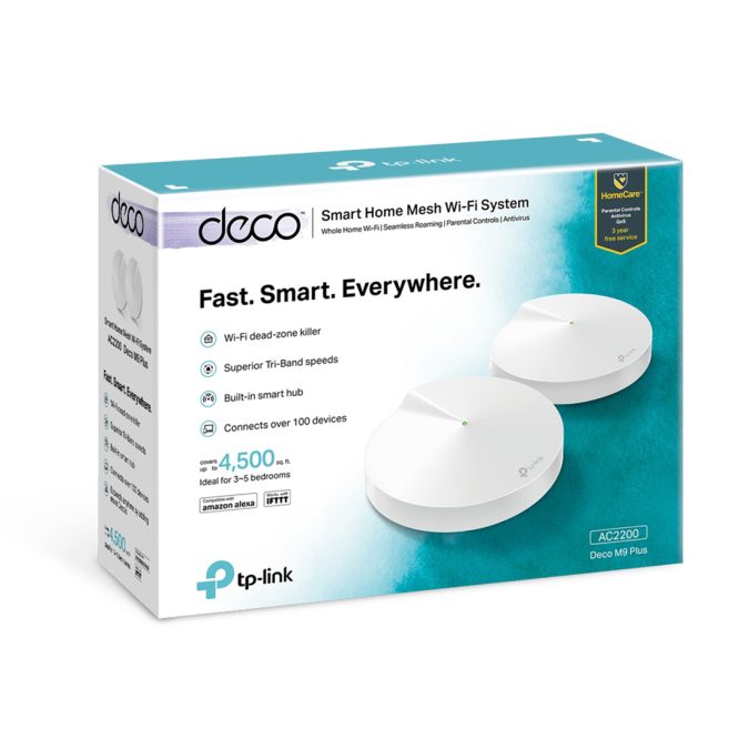 Маршрутизатор, TP-Link, Deco M9 Plus(2-pack), Wi-Fi 5, 2,4 ГГц/5 ГГц, 2 порта 10/100/1000M WAN/LAN, AC2200 Mesh Wi-Fi система для умного дома, IEEE 802.11a/b/g/n/ac, 44 MU-MIMO, 2 модуля