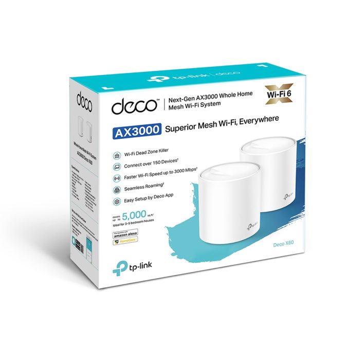 Беспроводная MESH-система Wi-Fi, TP-Link, Deco X60(2-pack), AX5400, Wi-Fi 6, 2,4 ГГц/5 ГГц, 802.11a/b/g/n/ac/ax, 2 порта 10/100/1000M WAN/LAN, 2 модуля в комплекте