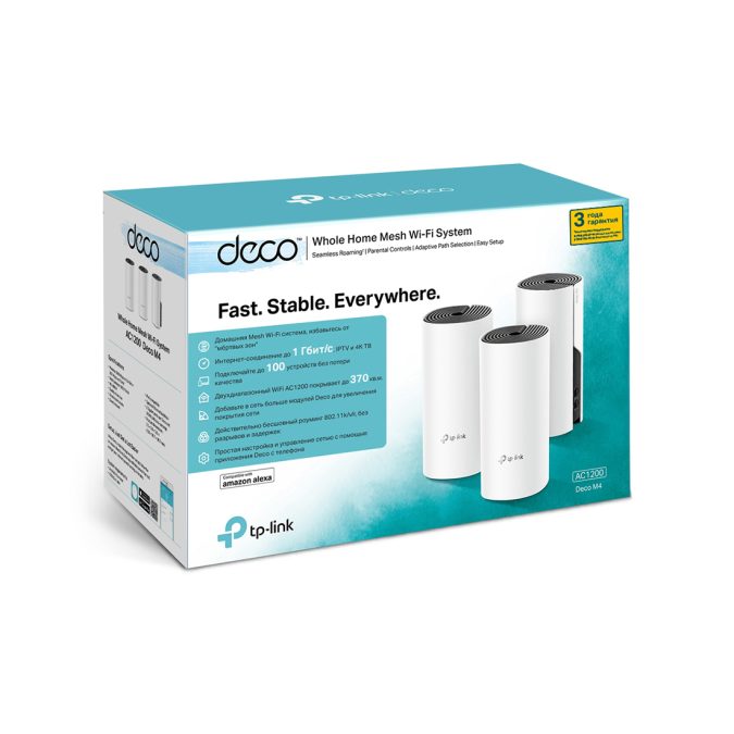 Беспроводная MESH-система Wi-Fi, TP-Link, Deco E4 (3-pack), MESH, Wi-Fi 5, 802.11a/b/g/n/ac, 2.4ГГц/5ГГц, АС1167, 2 порта 10/100М, 3 модуля в комплекте