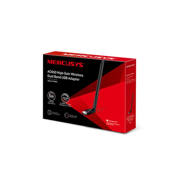 USB-адаптер, Mercusys, MU6H, AC650 Двухдиапазонный Wi-Fi USB адаптер высокого усиления. 1 внешняя антенна 5 дБи, 802.11a/b/g/n/ac
