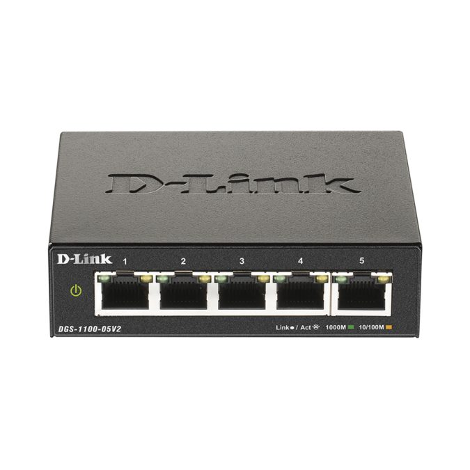 Коммутатор, D-Link, DGS-1100-05V2/A1A, Настраиваемый, 5 портов 10/100/1000 Mбит/с, Корпус металл, Комплект для монтажа на стену