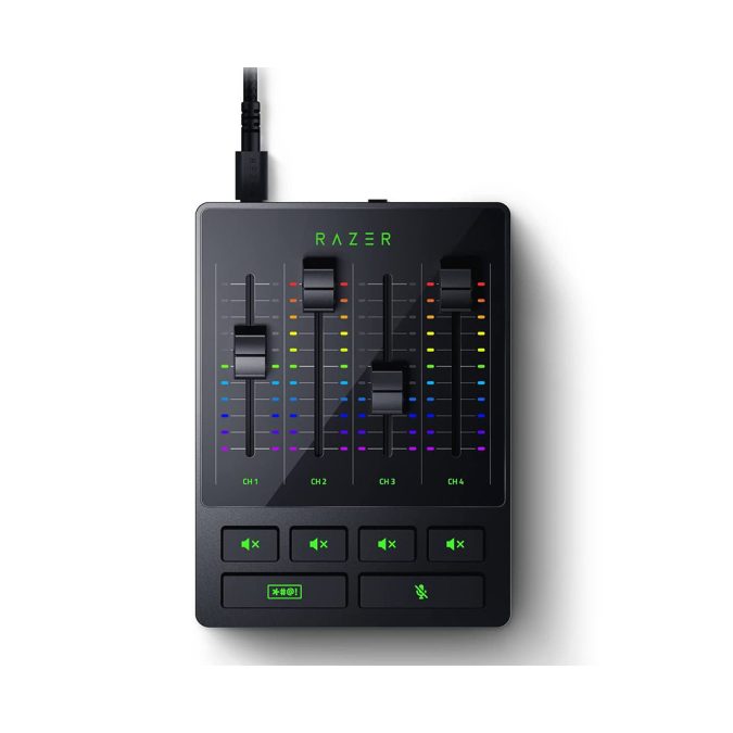 Микшерный пульт, Razer Audio Mixer, RZ19-03860100-R3M1, 10Гц - 20кГц, Преобразование А/Ц и Ц/А: 24бита при 48кГц, Динамический диапазон: > 110дБ, Соотношение «сигнал-шум»: > 100дБ, КНИ+шум: < –-90дБ, Взаимные помехи каналов: < –-90дБ, Аналоговый аудиомикшер, Чёрный