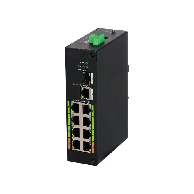 Коммутатор, Dahua, DH-LR2110-8ET-120, Индустриальный, Неуправляемый, 8  RJ-45, 10/100 Мбит/с, 1  RJ-45, 10/100/1000 Мбит/с, 1  SFP, 1000 Мбит/с,IEEE 802.3af. IEEE 802.3at. Hi-PoE. IEEE 802.3bt