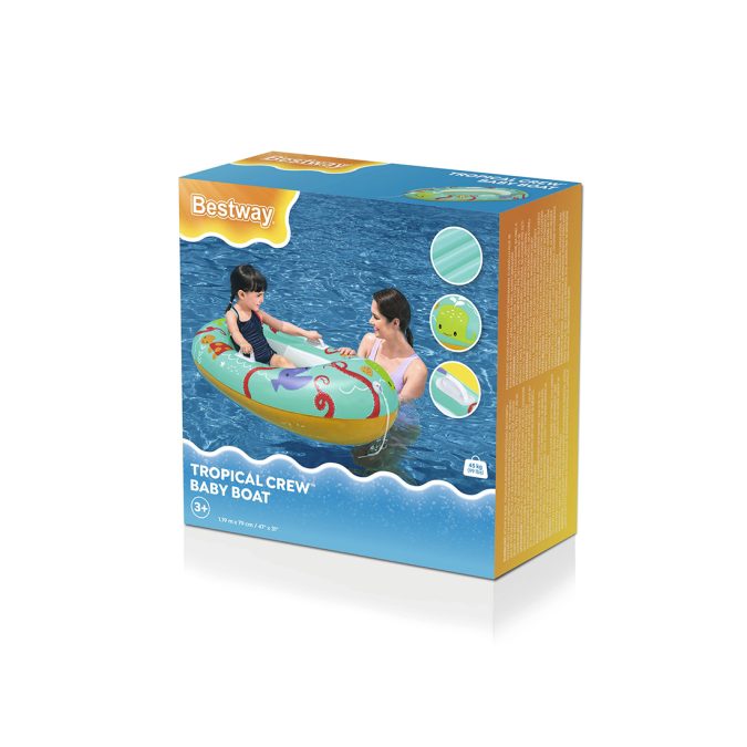 Надувная лодочка Tropical Crew 119 х 79 см, BESTWAY, 34009, Винил, 3-6 лет, С ручками и леером на носу, Надувное дно, Голубая, Цветная коробка