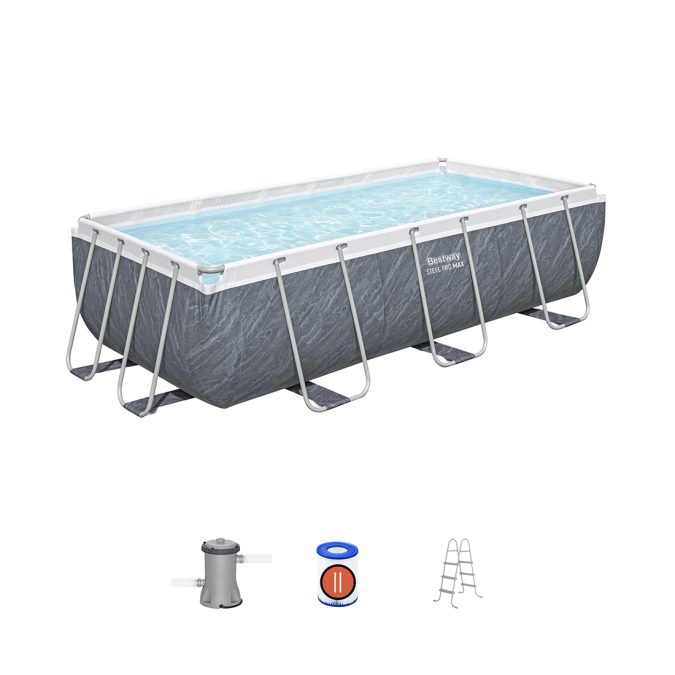 Каркасный бассейн Steel Pro MAX Rectangular 404 х 201 х 100 см, BESTWAY, 56721, Винил, 6478 л., Стальной каркас, Ф-насос 58383 (2006л/ч), Лестница 58335, Серый камень, Цветная коробка