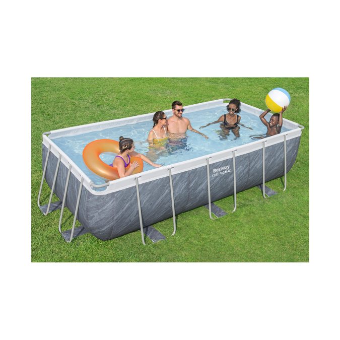 Каркасный бассейн Steel Pro MAX Rectangular 404 х 201 х 100 см, BESTWAY, 56721, Винил, 6478 л., Стальной каркас, Ф-насос 58383 (2006л/ч), Лестница 58335, Серый камень, Цветная коробка