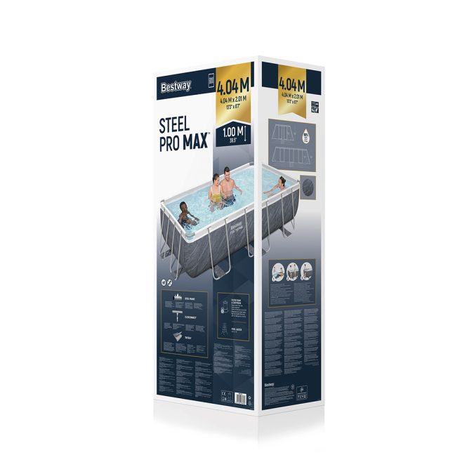 Каркасный бассейн Steel Pro MAX Rectangular 404 х 201 х 100 см, BESTWAY, 56721, Винил, 6478 л., Стальной каркас, Ф-насос 58383 (2006л/ч), Лестница 58335, Серый камень, Цветная коробка