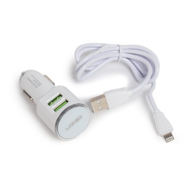 Автомобильное зарядное устройство, LDNIO, DL-C29, 2*USB(3.4A), Кабель Lightning (Iphone) 1м, Белый