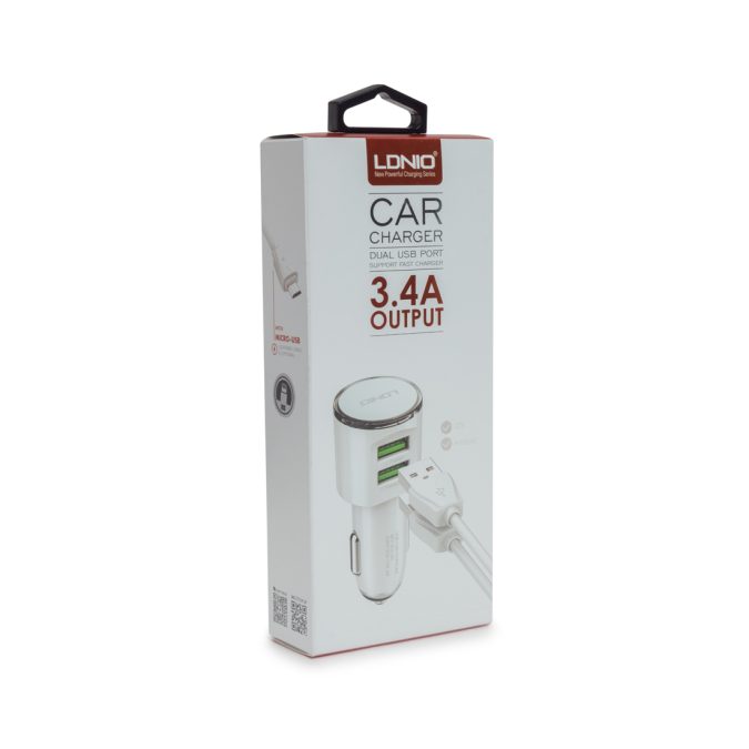 Автомобильное зарядное устройство, LDNIO, DL-C29, 2*USB(3.4A), Кабель Lightning (Iphone) 1м, Белый