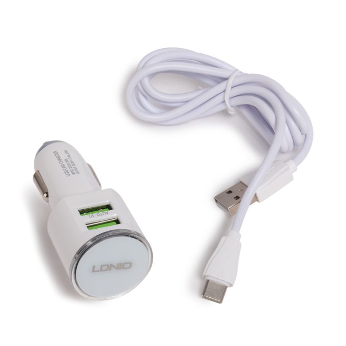 Автомобильное зарядное устройство, LDNIO, DL-C29, 2*USB(3.4A), Кабель Type-C 1м, Белый