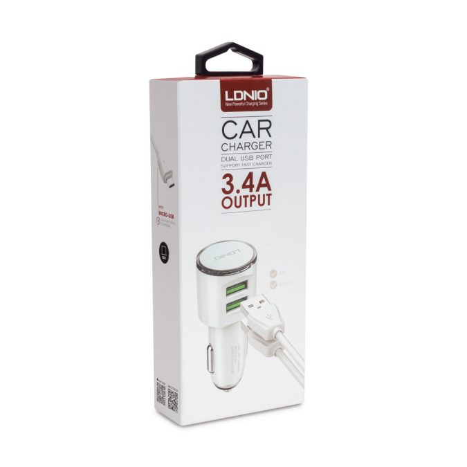Автомобильное зарядное устройство, LDNIO, DL-C29, 2*USB(3.4A), Кабель Type-C 1м, Белый