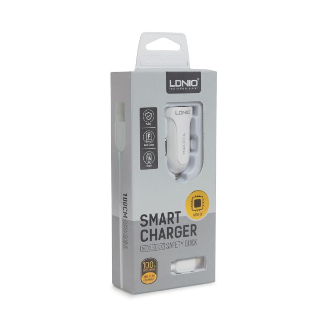 Автомобильное зарядное устройство, LDNIO, DL-C17, 1*USB(1A), Кабель Type-C 1м, Белый