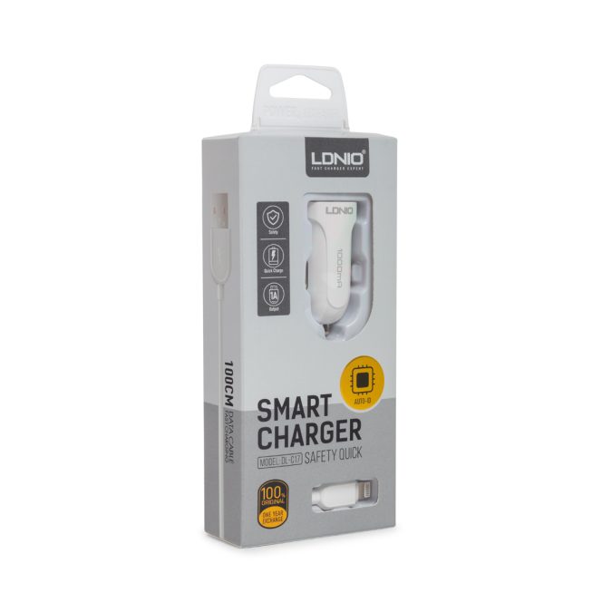 Автомобильное зарядное устройство, LDNIO, DL-C17, 1*USB(1A), Кабель Lightning (Iphone) 1м, Белый