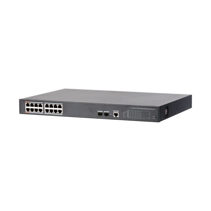 Коммутатор, Dahua, DH-PFS4218-16GT-190, Порты LAN:• 16 x RJ45 ( 14 PoE (802.3af/at) + 2 Hi-PoE/PoE (802.3af/at),10/100/1000 Base-T )•2 x Uplink (порт SFP-1000 Base-X ),Управляемый