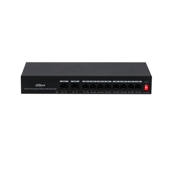 Коммутатор, Dahua, DH-PFS3010-8ET-65, Неуправляевый, 8 портов PoE со скоростью передачи 10/100 Мбит/с Base-TX 2 порта Uplink со скоростью передачи 10/100 Мбит/с Base-TX, Бюджет мощности PoE	Порты 1-8  30 Вт, общий бюджет мощности PoE  65 Вт