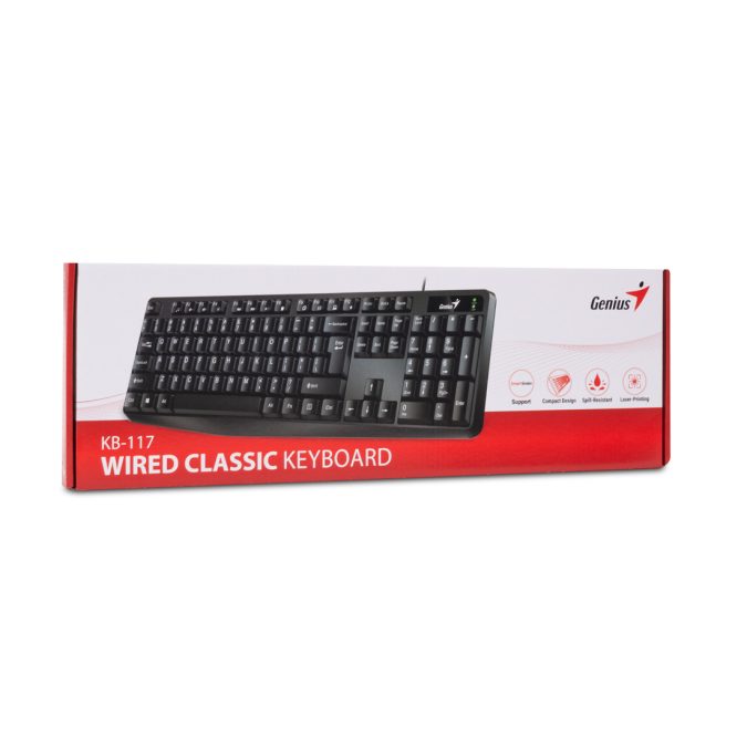 Клавиатура, Genius, Smart KB-117, USB, Длина кабеля 1.4 метра, Англ/ Рус, 44.3 х 3.3 х 13.7 см , Влагозащита, Пластик, Черный