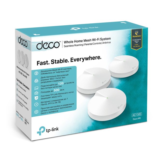 Маршрутизатор, TP-Link, Deco M5 (3-pack), Wi-Fi 5, 802.11a/b/g/n/ac, 2,4 ГГц/5 ГГц, AC1300, 2 порта 10/100/1000M WAN/LAN, 3 модуля в комплекте