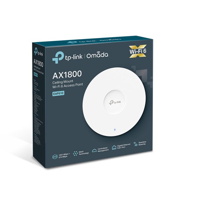 Wi-Fi точка доступа, TP-Link, EAP610, IEEE 802.11a/b/g/n/ac/ax, AX1800, OFDMA, MU-MIMO, 1 порт 10/100/1000T (PoE IEEE802.3at)