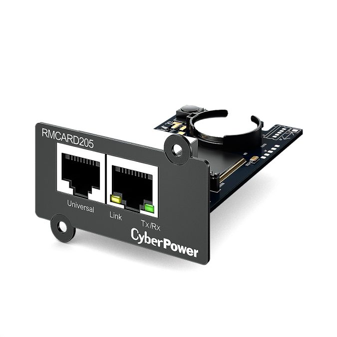 SNMP-карта, CyberPower RMCARD205, Внутренняя установка, Разъём: RJ45/RJ45, Протоколы: IPv4/v6, SNMPv1/v3, HTTP/HTTPs, TCP/IP, UDP, DHCP, NTP, DNS, SMTP, SSH, SSL, TLS, Telnet, FTP и Syslog, Аутентификация: RADIUS, LDAP, LDAPS, Windows AD