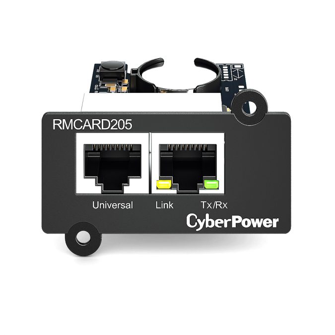SNMP-карта, CyberPower RMCARD205, Внутренняя установка, Разъём: RJ45/RJ45, Протоколы: IPv4/v6, SNMPv1/v3, HTTP/HTTPs, TCP/IP, UDP, DHCP, NTP, DNS, SMTP, SSH, SSL, TLS, Telnet, FTP и Syslog, Аутентификация: RADIUS, LDAP, LDAPS, Windows AD