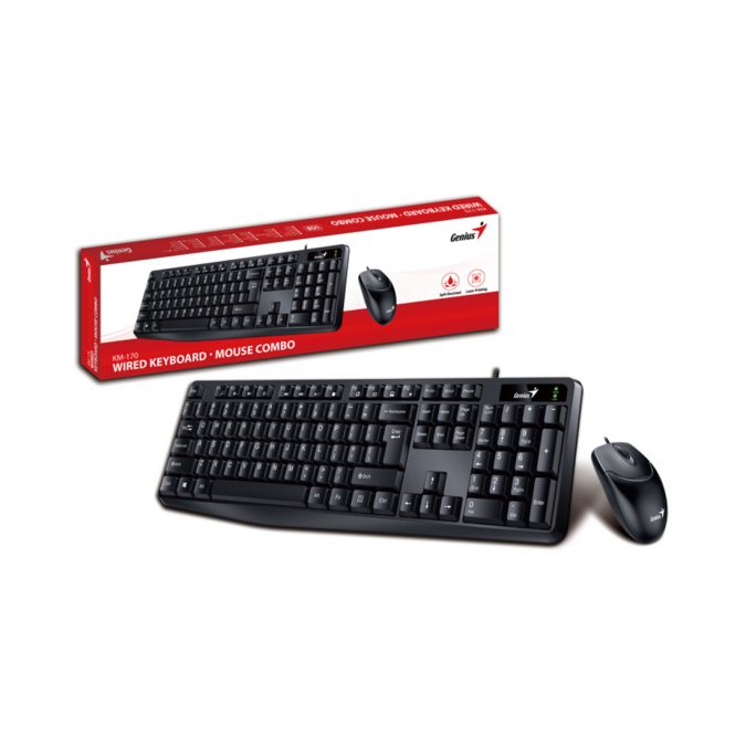 Комплект Клавиатура + Мышь, Genius, KM-170, USB, Длина кабеля 150см, Рус/Англ/Каз, Чёрный