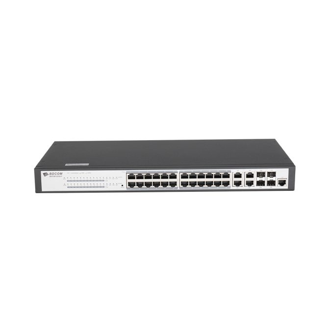 Коммутатор, BDCOM, S2528-P, Управляемый L2+, 24 порта PoE 10/100/1000M RJ45, 4 комбо-порта 1000M SFP, Бюджет PoE 370W, Стоечный 1U,