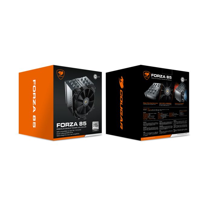 Кулер для процессора, Cougar, Forza 85, Intel 20xx/1851/1366/1700/1200/115х и AMD AM4/AM3(+)/AM2(+)/FM2(+)/FM1, 220W, 120мм, 600-2000±10%/об/м, 82.48/143.53 CFM, 31.68 dB(A), 4pin, 135х110x160мм, Черный