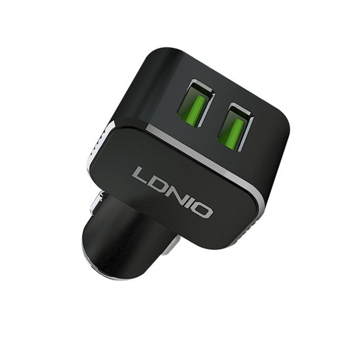 Автомобильное зарядное устройство, LDNIO, C306, 2*USB-A, 18W, 5V-3.6A Auto-Max, Кабель Lightning (Iphone) 1м, Чёрный