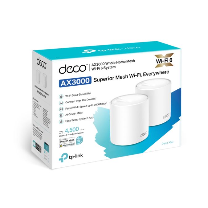 Беспроводная MESH-система Wi-Fi, TP-Link, Deco X50(2-pack), AX3000, Wi-Fi 6, 2,4 ГГц/5 ГГц, 802.11a/b/g/n/ac/ax, 3 порта 10/100/1000M WAN/LAN, 2 модуля в комплекте