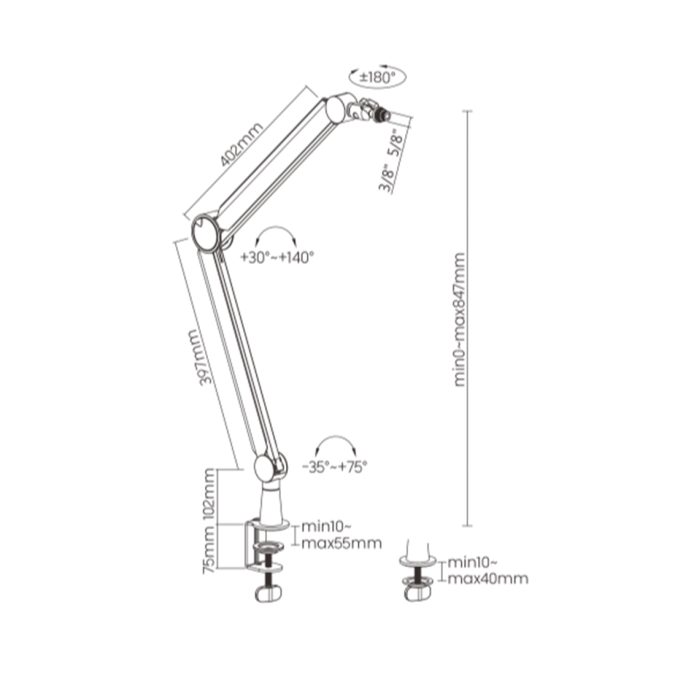 Пантограф (стойка) для микрофона, Brateck, MDS13-1, нагрузка до 1 кг, 3/8", 5/8", черный