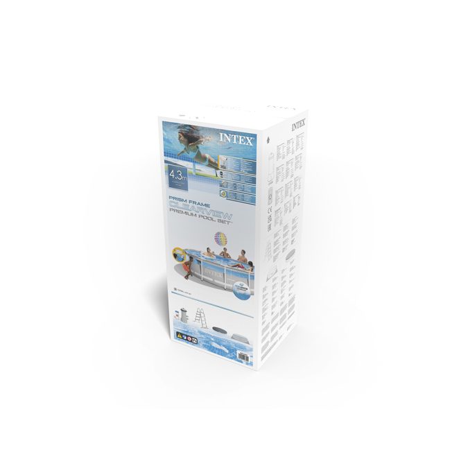 Каркасный бассейн Prism Frame ClearView 427 х 107 см, INTEX, 26722NP, Винил, 12706 л., Стальной каркас, Ф-насос 28638 (3785л/ч), Прозрачное окно по борту, Лестница 28075, Подложка, Тент, Гидроаэрация 22025, Серый, Цветная коробка