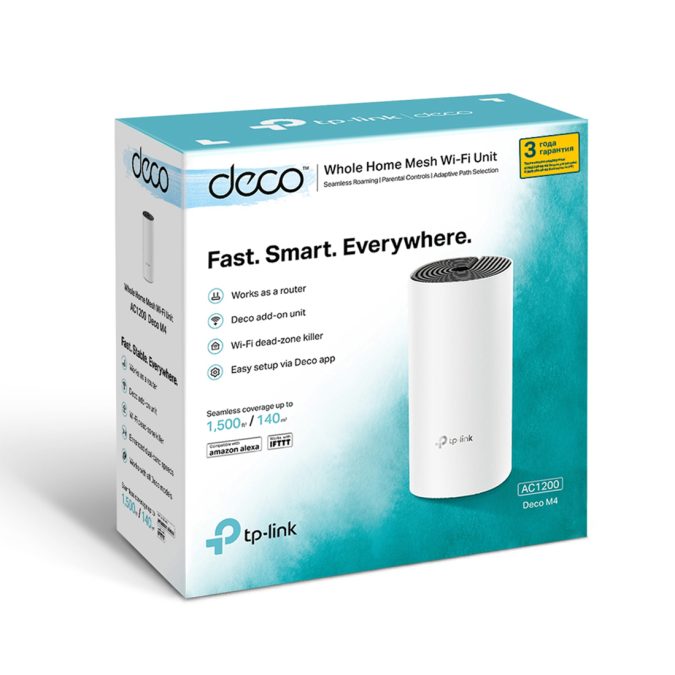 Маршрутизатор, TP-Link, Deco M4(1-pack), Wi-Fi 5, 802.11a/b/g/n/ac, 2,4 ГГц/5 ГГц, AC1200, 2 порта 10/100/1000M WAN/LAN, 1 модуль в комплекте