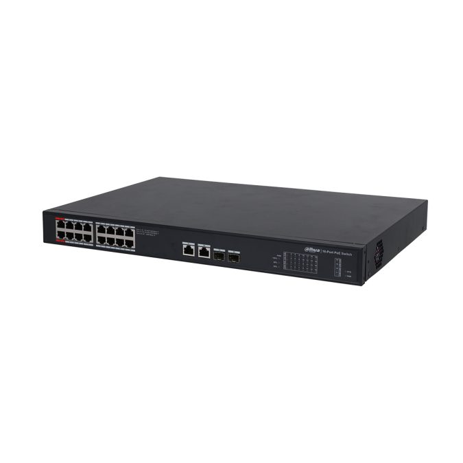 Коммутатор, Dahua, DH-PFS3220-16GT-240, 16  RJ45 10/100/1000M (PoE), Неуправляемый, 16 x 10/100/1000Мбит/с (PoE/PoE+/Hi-PoE/IEEE802.3bt до 240Вт), 2 порта SFP,2 uplink порта x 10/100/1000Мбит/с, питание: 100-240В(AC)