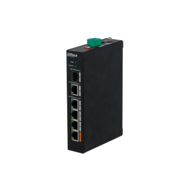 Коммутатор, Dahua, DH-PFS3106-4ET-60-V2, Индустриальный, 4 порта 10/100M + 1 комбо порт 10/100/1000Base-T/Base-X , Неуправляемый, PoE, Корпус металл