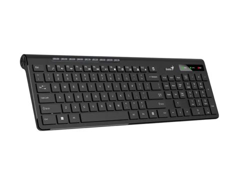 Клавиатура, Genius, Slimstar 7230, Ультратонкая, Беспроводная 2.4ГГц, Кол-во стандартных клавиш 104, Батарейки в комплекте, Размер: 449*161,8*24,9 мм., Анг/Рус, Защита от случайного пролива воды/кофе, Чёрный