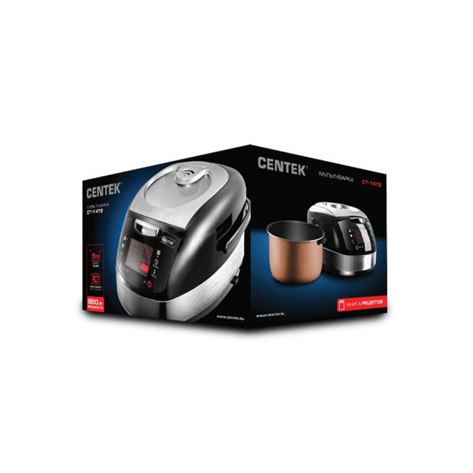 Мультиварка, Centek, CT-1472, Керамическое покрытие, 860Вт, 5.0л, LED, 21 программа, Черный/Сталь