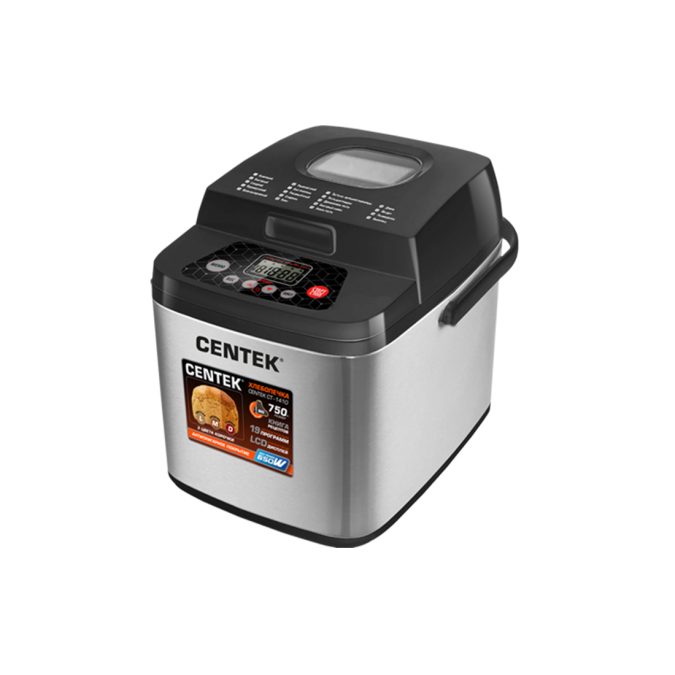 Хлебопечь, Centek, CT-1410, 750г, 650Вт, 19 программ, Таймер, LCD, Окошко, Нерж. Черный