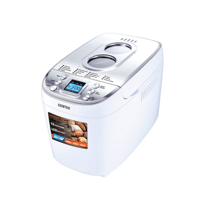 Хлебопечь, Centek, CT-1415, 1500 г, Большой объем, 860Вт, 15 программ, Таймер, LCD, Окошко, Белый/сталь