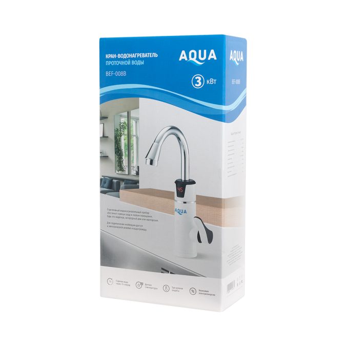 Бытовой кран с подогревом воды, AQUA, BEF-008B, 220В, Температура нагрева до +60 С, Длина кабеля 1.5м, Серебристый