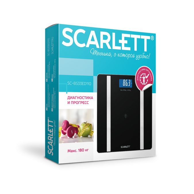 Весы, Scarlett, SC-BS33ED110, Материал корпуса стекло ABS-пластик, Макс вес 180 кг, Автоматическое включение/выключение, Тип батарейки AAA, Bluetooth, Черный
