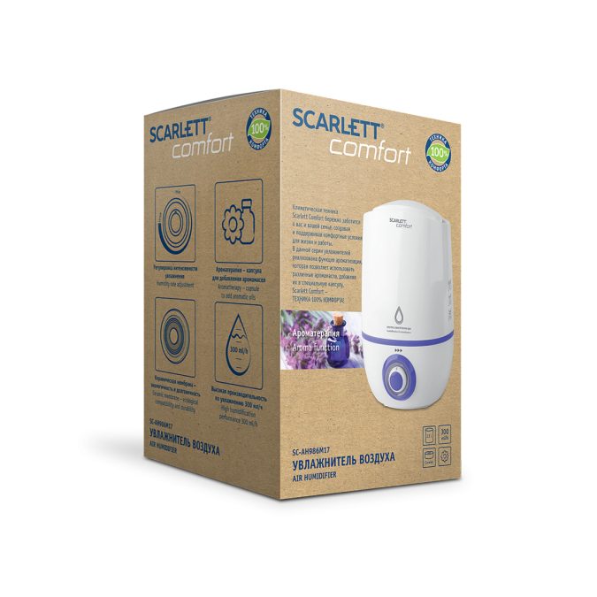 Увлажнитель, Scarlett, SC-AH986M17, Объем 2.3 л, Управление механическое, Площадь 30 м, Расход воды максимальный 300 мл/ч, Автоматическое отключение, Белый