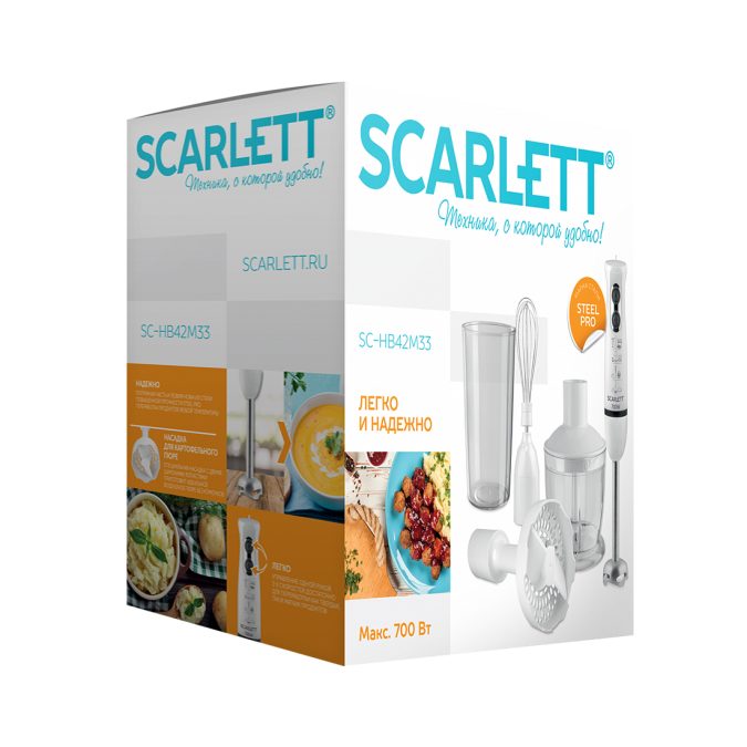 Погружной блендер, Scarlett, SC-HB42M33, Мощность 700 Вт, 2 скоростных режима, Емкость измельчителя 0,6 л, Мерный стакан 0.6л, Венчик, Белый