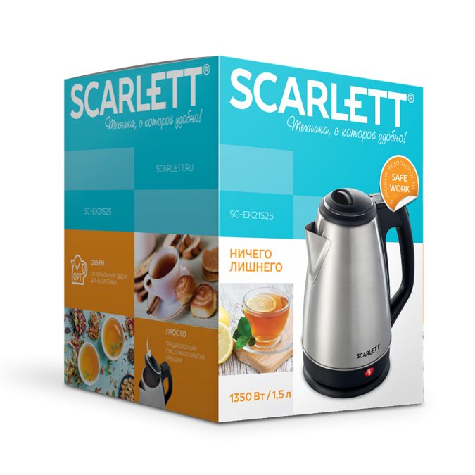 Чайник электрический, Scarlett, SC-EK21S25, Мощность 1350 Вт, Объем 1.5 л, Материал корпуса: Металл, Индикатор уровня воды