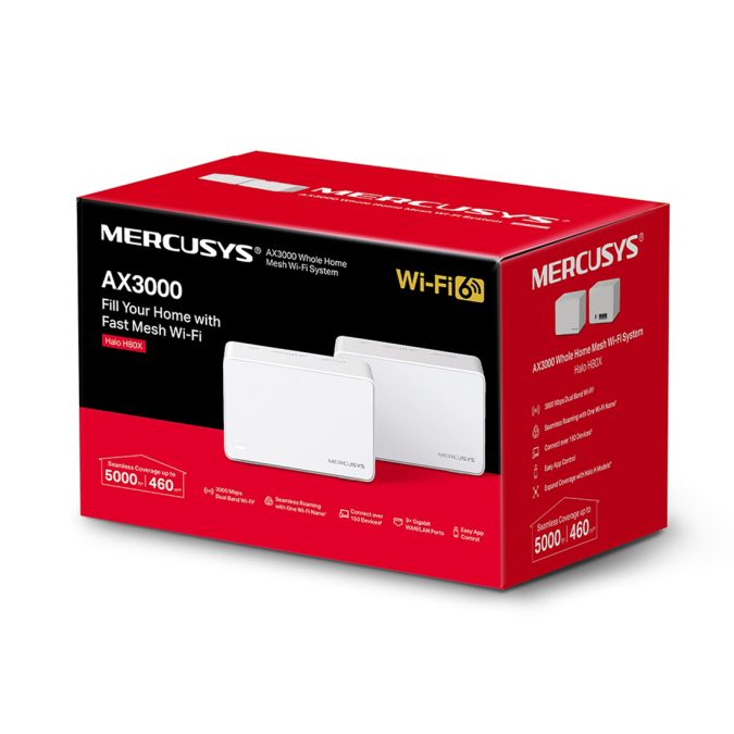 Маршрутизатор, Mercusys, Halo H80X(2-pack), Wi-Fi 6, 802.11a/b/g/n/ac/ax, 2,4 ГГц/5 ГГц, AX3000, 3 порта 10/100/1000M WAN/LAN, Домашняя Mesh Wi-Fi система (2 модуля)