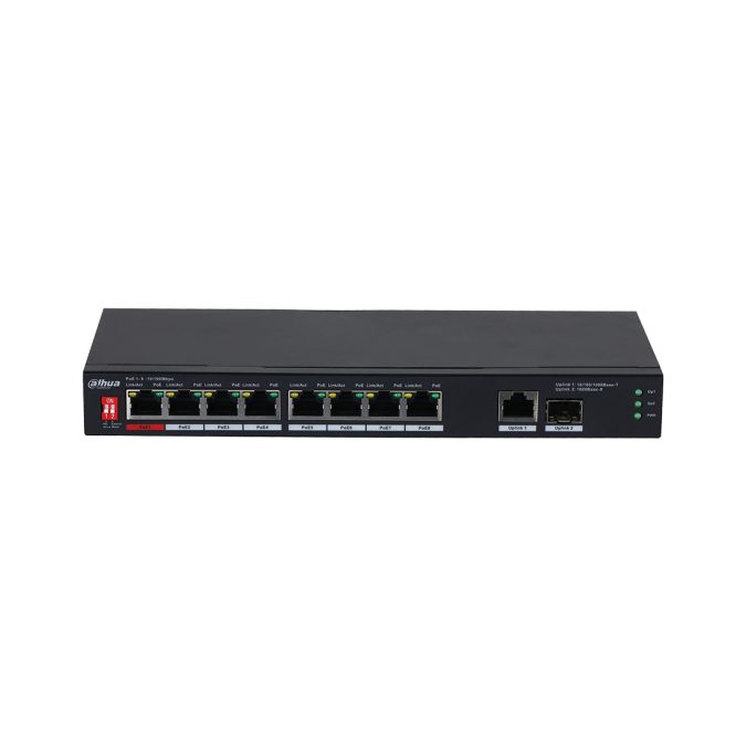 Коммутатор, Dahua, DH-PFS3110-8ET1GT1GF-96, неуправляемый, 8 портов 10/100M (PoE 802.3af/at/bt, 96W), 1 порт 10/100/1000M, 1 слот SFP
