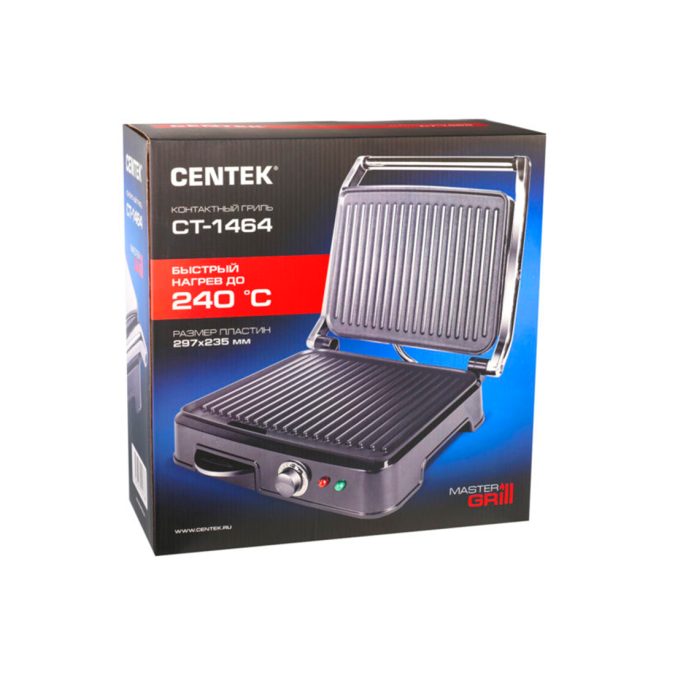 Гриль, Centek, CT-1464, 2000 Вт, 1 жаровня, 297х235мм, Антипригар, Нерж отделка, Макс 240°С, Черный/стальной