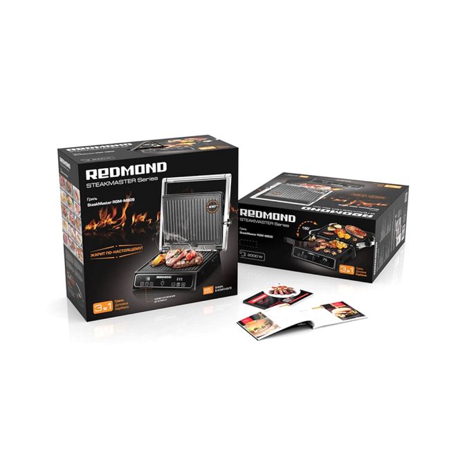Гриль, Redmond, SteakMaster RGM-M809, Мощность 2000 Вт, Диапазон температур нагрева 120-230°С, Угол открытия крышки 180°, Съемные панели, Черный