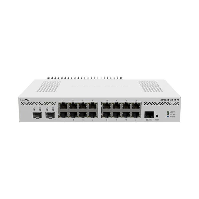 Маршрутизатор, MikroTik, CCR2004-16G-2S+PC, Cloud Core Router, 16 портов 10/100/1000M, 2 порта SFP+, RouterOS (6), -20°C to 60°C, стоечный 1U