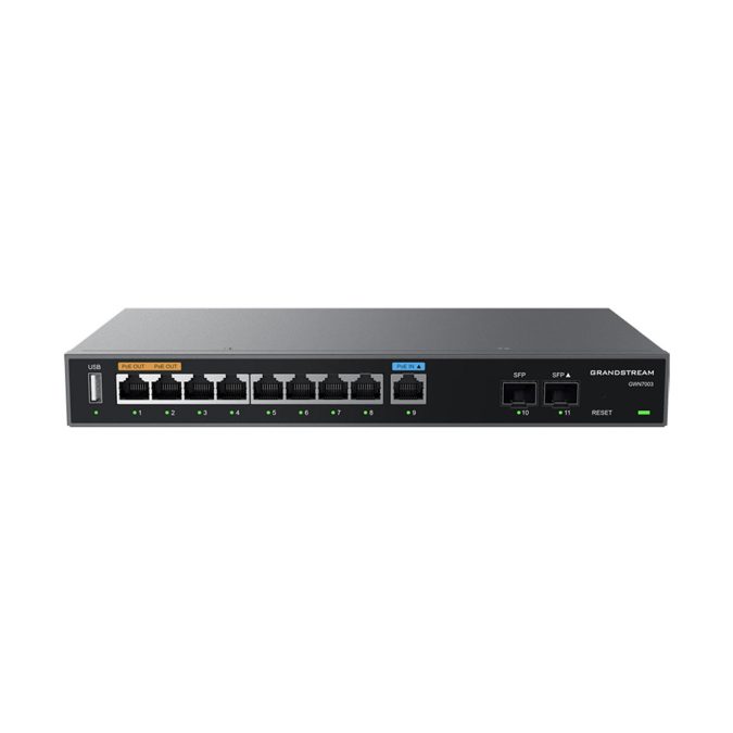 Маршрутизатор, Grandstream, GWN7003, 2x SFP, 9x GbE WAN/LAN, 1x PoE-In, 2x PoE-Out, VPN (530 Мбит/с), DPI, SDN, USB , встроенный локальный мастер GWN
